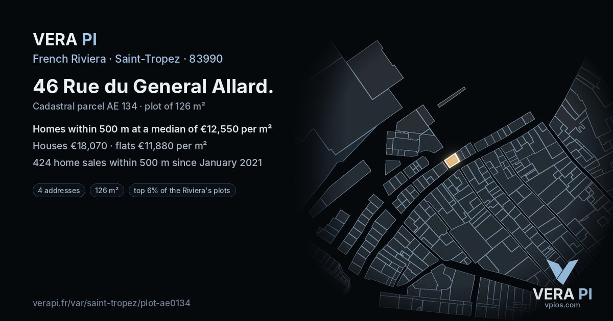 46 Rue du General Allard, Saint-Tropez at night – the plot lit, the parcels around coloured by the prices near them
