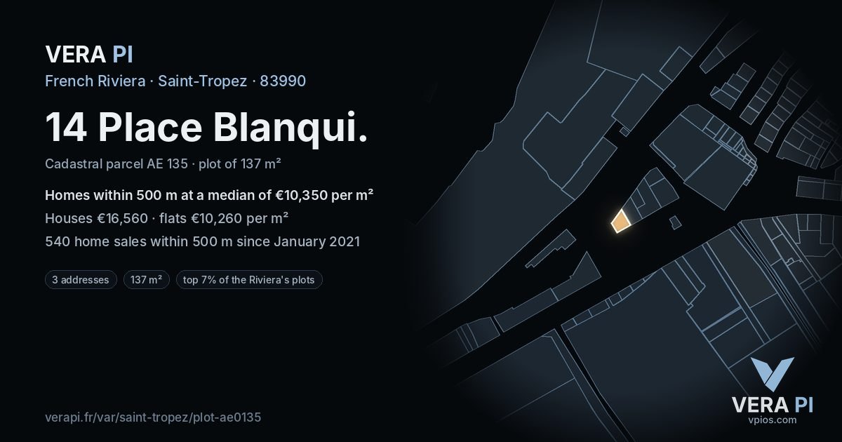 14 Place Blanqui, Saint-Tropez at night – the plot lit, the parcels around coloured by the prices near them