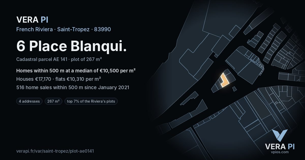 6 Place Blanqui, Saint-Tropez at night – the plot lit, the parcels around coloured by the prices near them