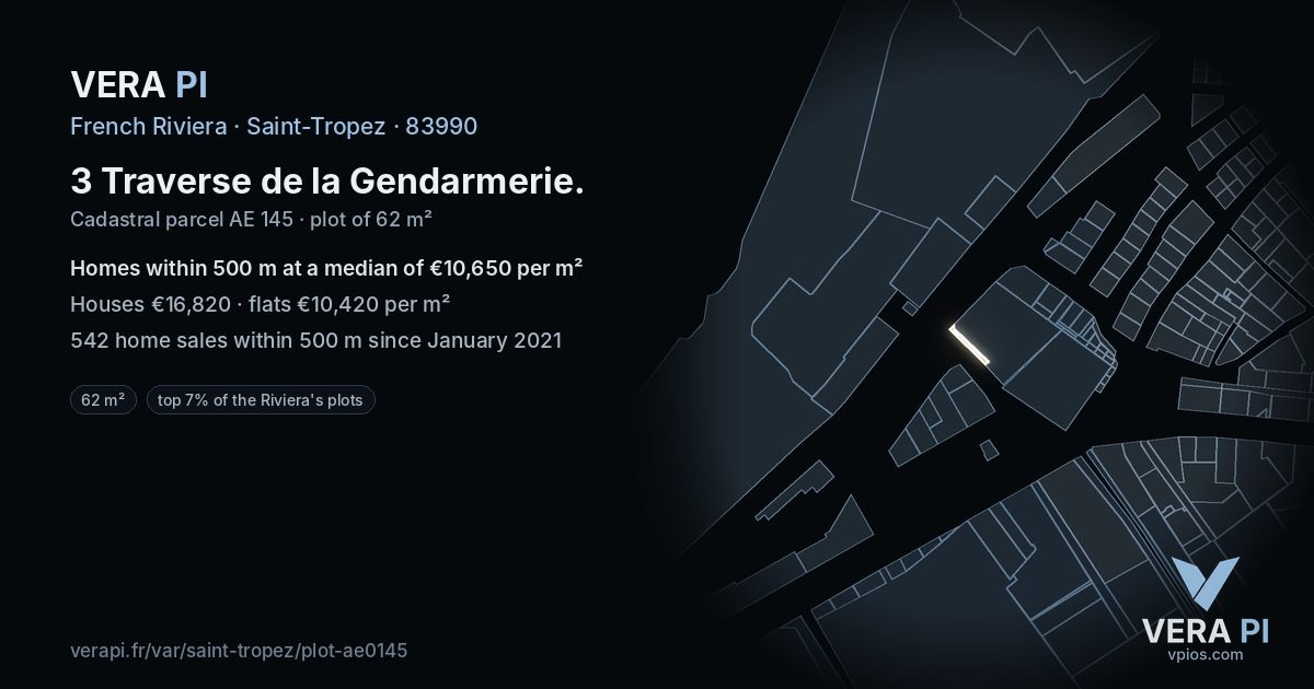 3 Traverse de la Gendarmerie, Saint-Tropez at night – the plot lit, the parcels around coloured by the prices near them