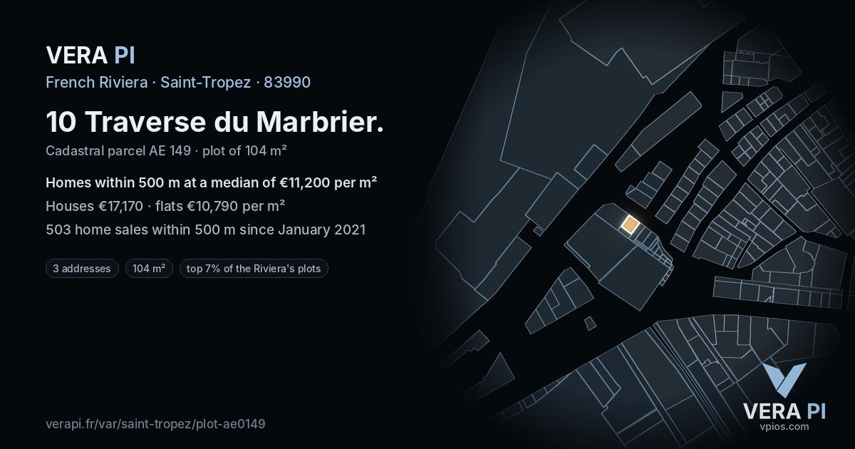10 Traverse du Marbrier, Saint-Tropez at night – the plot lit, the parcels around coloured by the prices near them