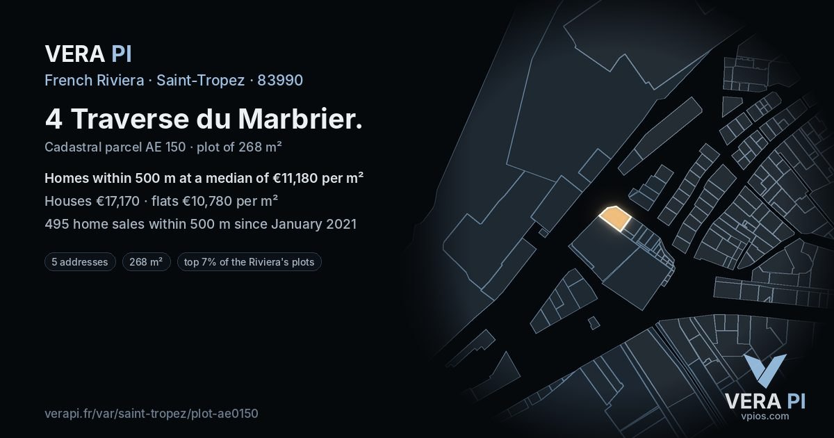 4 Traverse du Marbrier, Saint-Tropez at night – the plot lit, the parcels around coloured by the prices near them