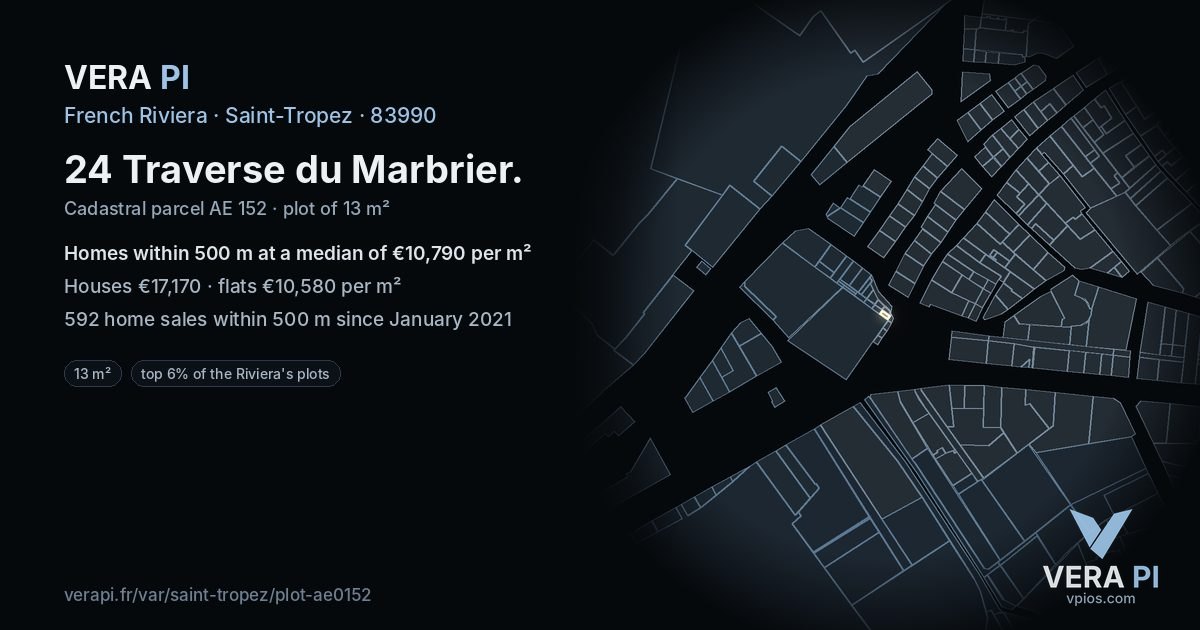 24 Traverse du Marbrier, Saint-Tropez at night – the plot lit, the parcels around coloured by the prices near them