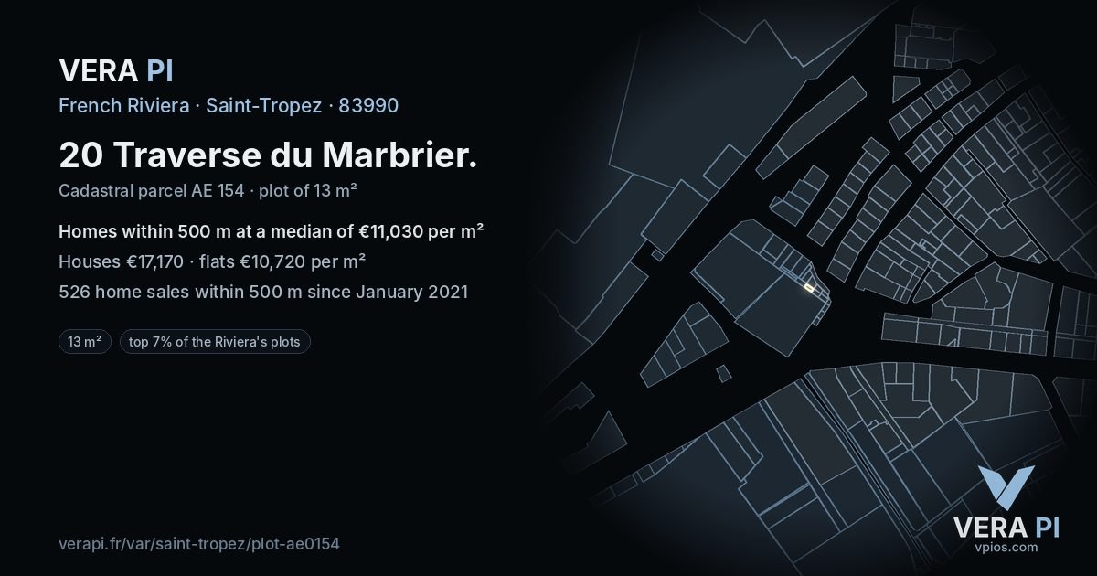 20 Traverse du Marbrier, Saint-Tropez at night – the plot lit, the parcels around coloured by the prices near them