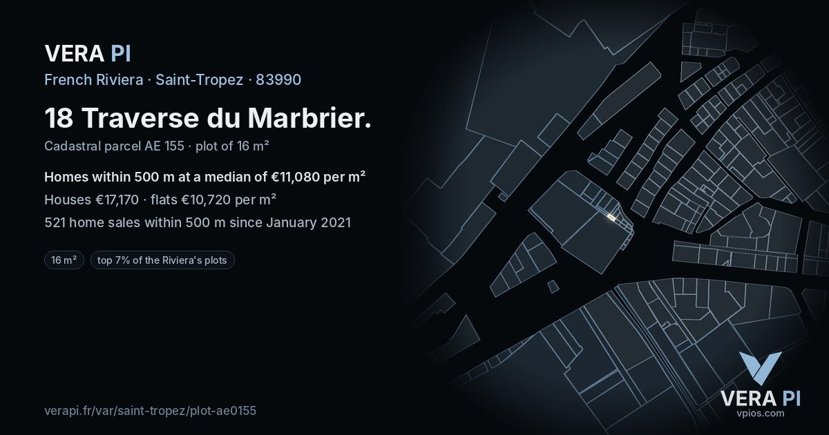 18 Traverse du Marbrier, Saint-Tropez at night – the plot lit, the parcels around coloured by the prices near them