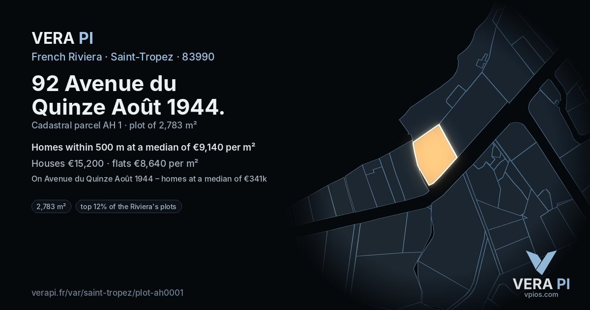 92 Avenue du Quinze Août 1944, Saint-Tropez at night – the plot lit, the parcels around coloured by the prices near them