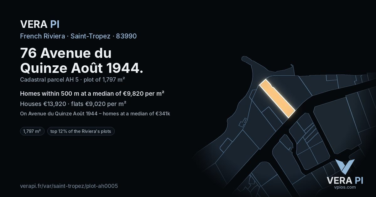 76 Avenue du Quinze Août 1944, Saint-Tropez at night – the plot lit, the parcels around coloured by the prices near them