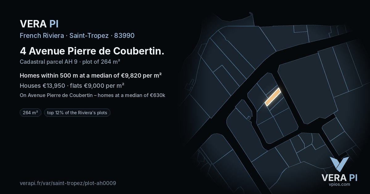 4 Avenue Pierre de Coubertin, Saint-Tropez at night – the plot lit, the parcels around coloured by the prices near them