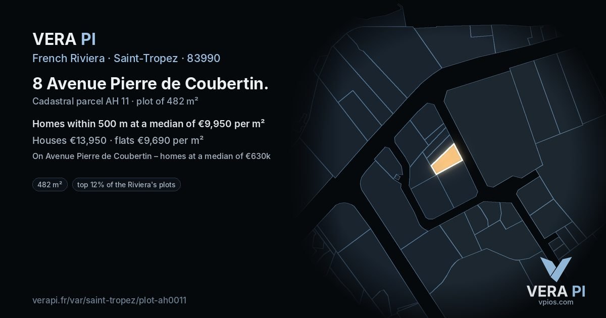 8 Avenue Pierre de Coubertin, Saint-Tropez at night – the plot lit, the parcels around coloured by the prices near them