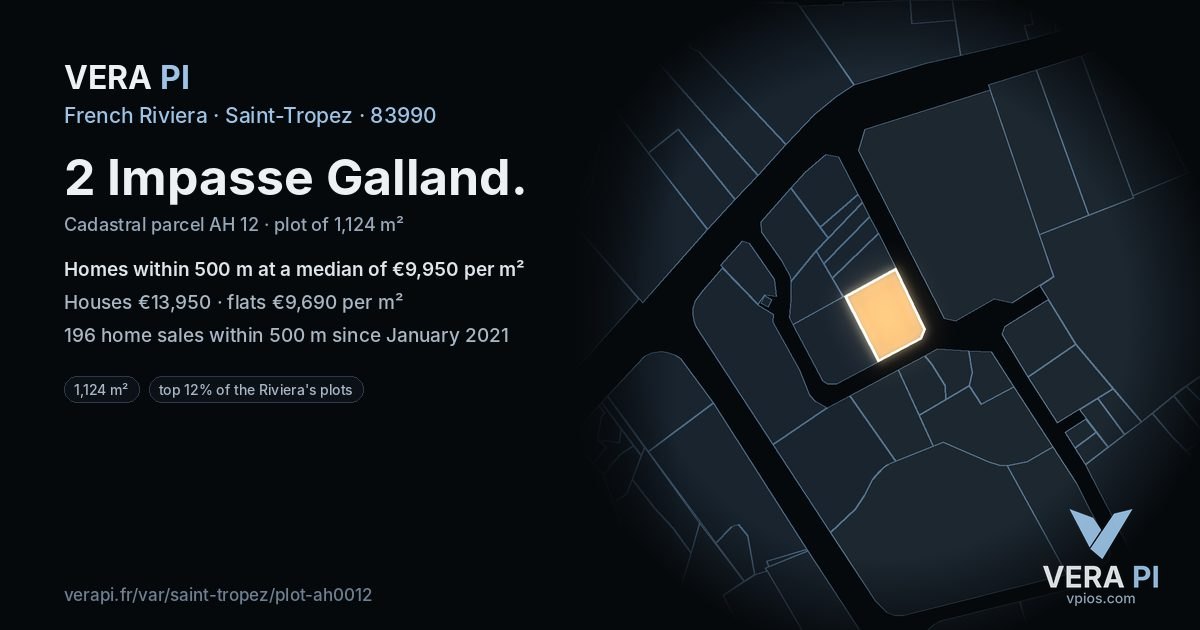 2 Impasse Galland, Saint-Tropez at night – the plot lit, the parcels around coloured by the prices near them