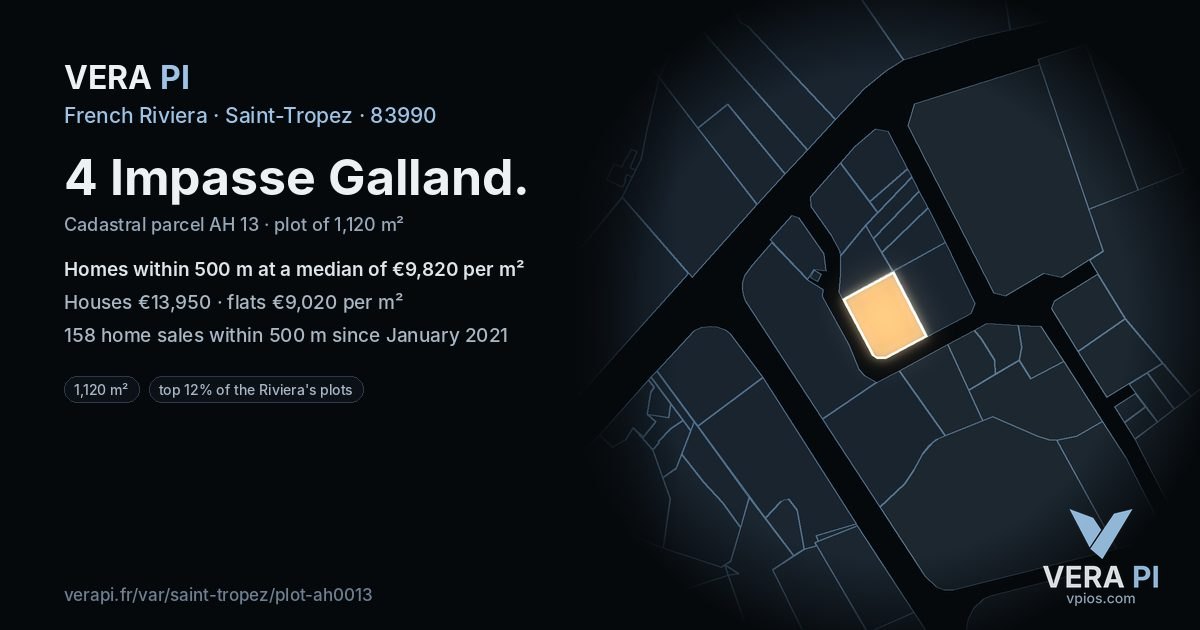 4 Impasse Galland, Saint-Tropez at night – the plot lit, the parcels around coloured by the prices near them
