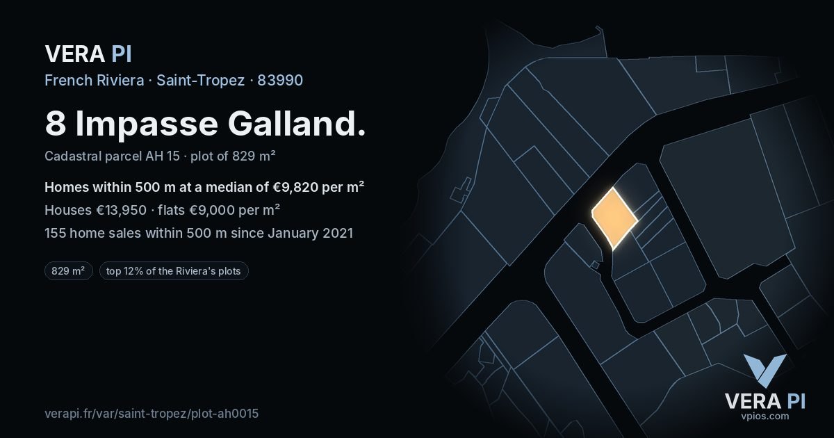 8 Impasse Galland, Saint-Tropez at night – the plot lit, the parcels around coloured by the prices near them