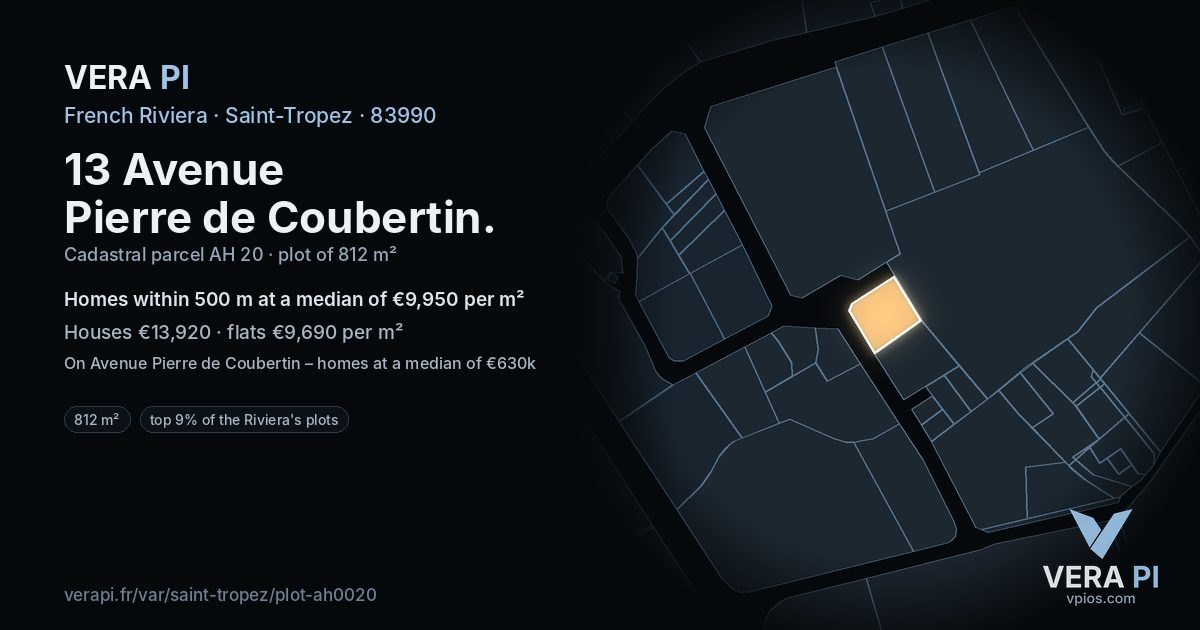 13 Avenue Pierre de Coubertin, Saint-Tropez at night – the plot lit, the parcels around coloured by the prices near them