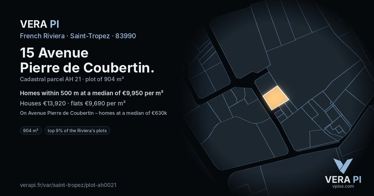 15 Avenue Pierre de Coubertin, Saint-Tropez at night – the plot lit, the parcels around coloured by the prices near them