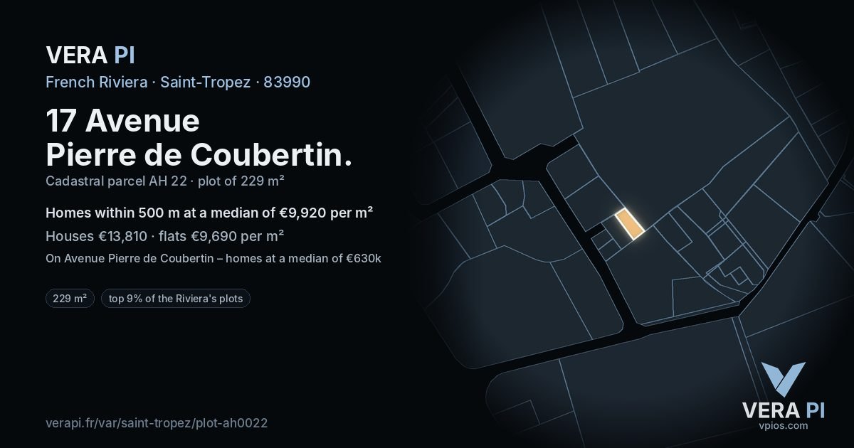 17 Avenue Pierre de Coubertin, Saint-Tropez at night – the plot lit, the parcels around coloured by the prices near them