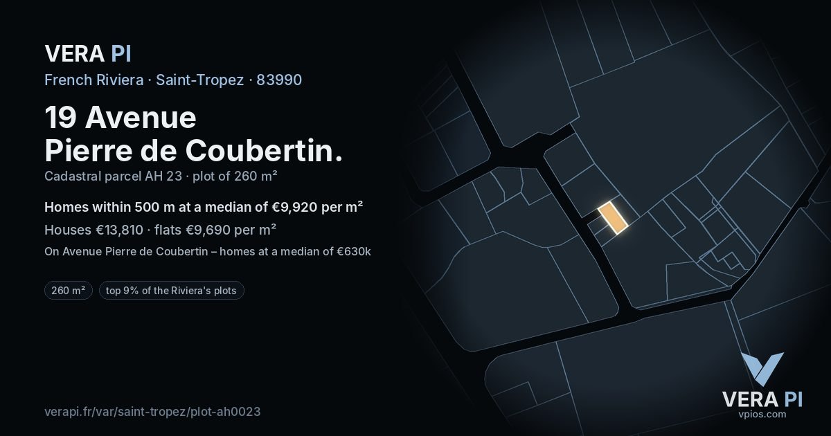 19 Avenue Pierre de Coubertin, Saint-Tropez at night – the plot lit, the parcels around coloured by the prices near them