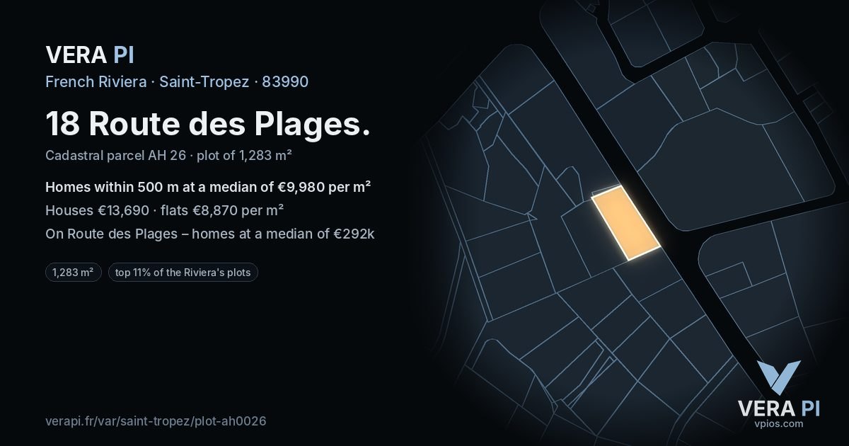 18 Route des Plages, Saint-Tropez at night – the plot lit, the parcels around coloured by the prices near them