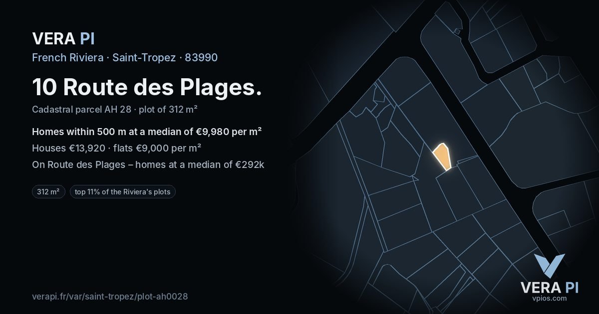 10 Route des Plages, Saint-Tropez at night – the plot lit, the parcels around coloured by the prices near them