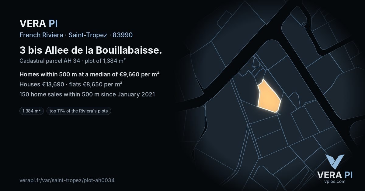 3 bis Allee de la Bouillabaisse, Saint-Tropez at night – the plot lit, the parcels around coloured by the prices near them