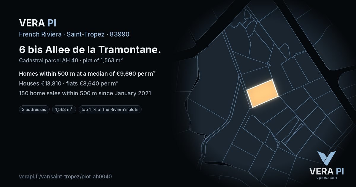 6 bis Allee de la Tramontane, Saint-Tropez at night – the plot lit, the parcels around coloured by the prices near them
