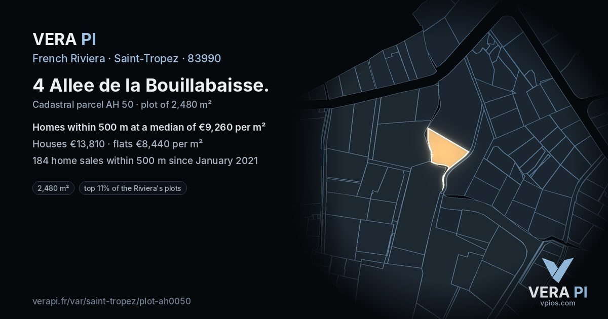 4 Allee de la Bouillabaisse, Saint-Tropez at night – the plot lit, the parcels around coloured by the prices near them