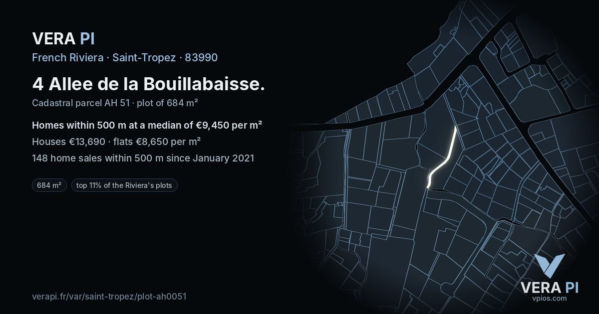 4 Allee de la Bouillabaisse, Saint-Tropez at night – the plot lit, the parcels around coloured by the prices near them