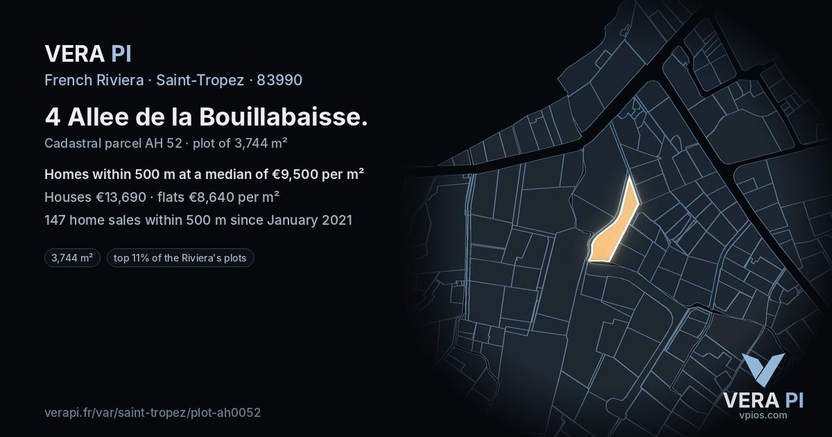 4 Allee de la Bouillabaisse, Saint-Tropez at night – the plot lit, the parcels around coloured by the prices near them