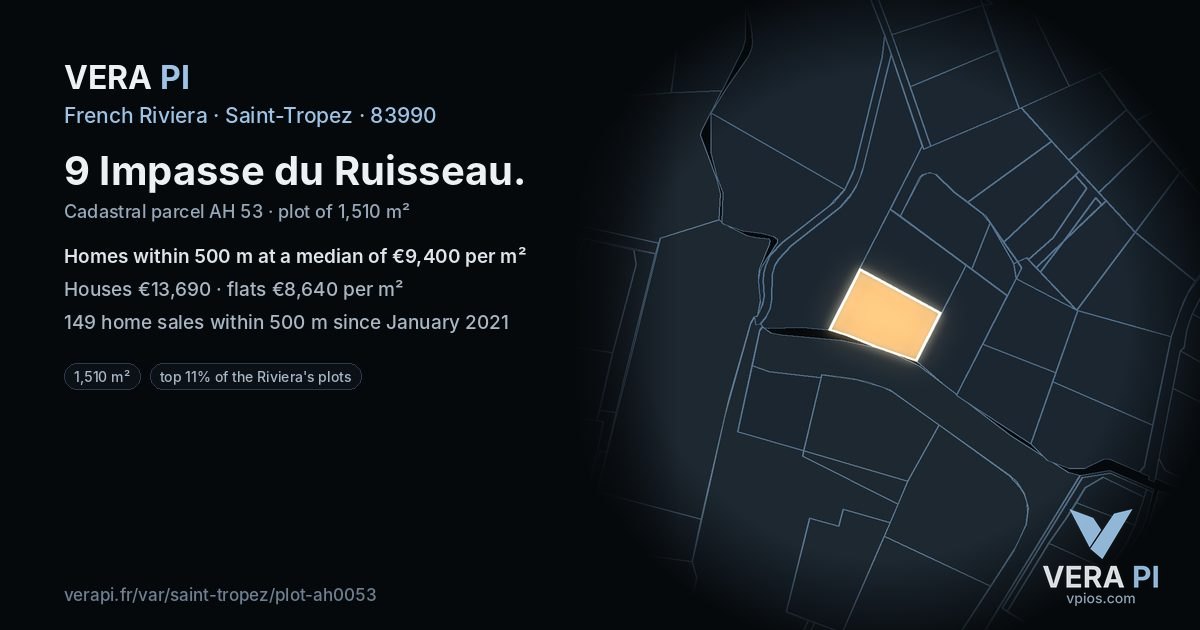 9 Impasse du Ruisseau, Saint-Tropez at night – the plot lit, the parcels around coloured by the prices near them