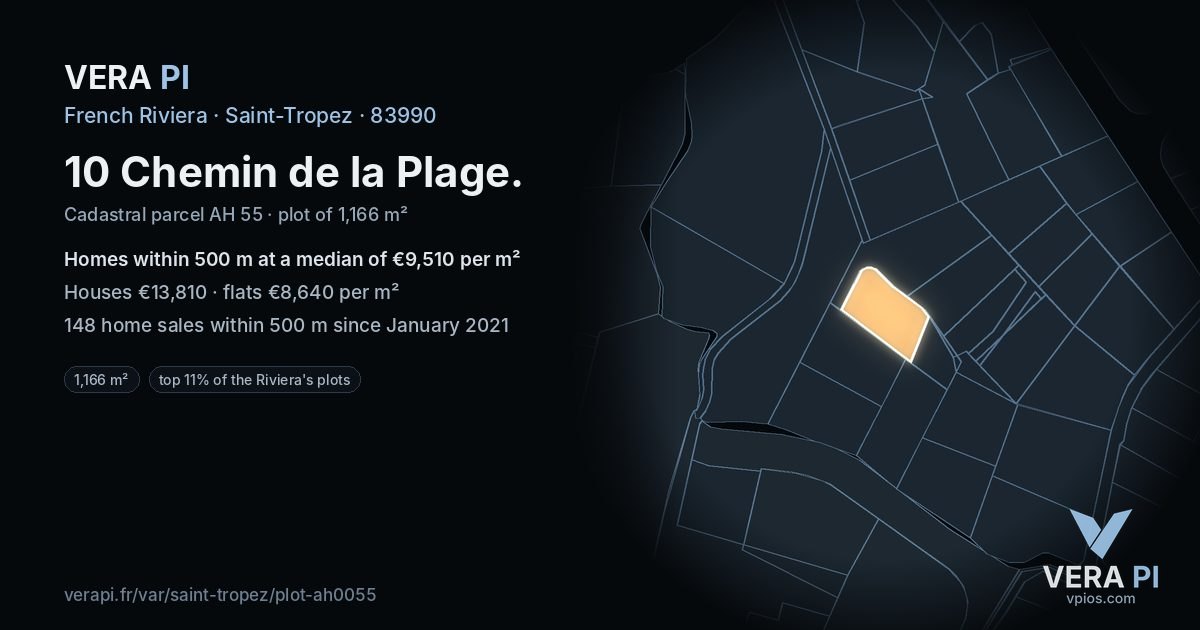 10 Chemin de la Plage, Saint-Tropez at night – the plot lit, the parcels around coloured by the prices near them