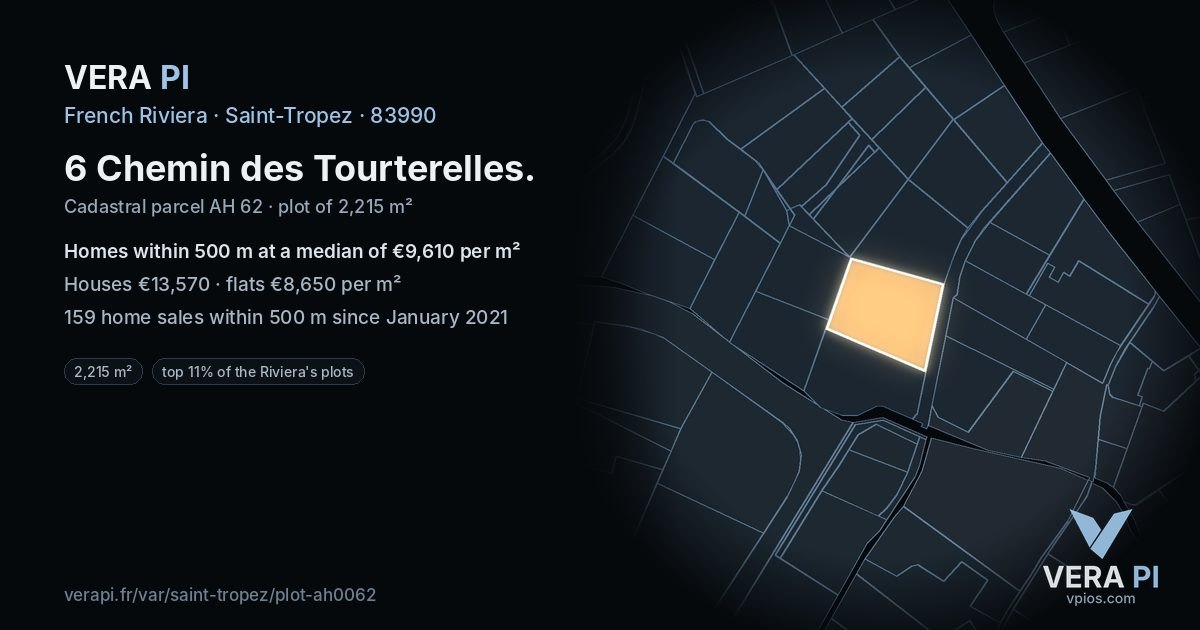 6 Chemin des Tourterelles, Saint-Tropez at night – the plot lit, the parcels around coloured by the prices near them