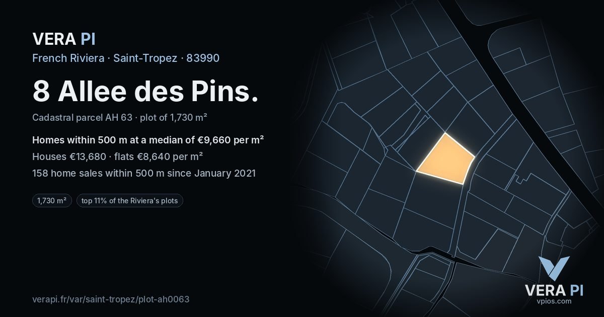 8 Allee des Pins, Saint-Tropez at night – the plot lit, the parcels around coloured by the prices near them