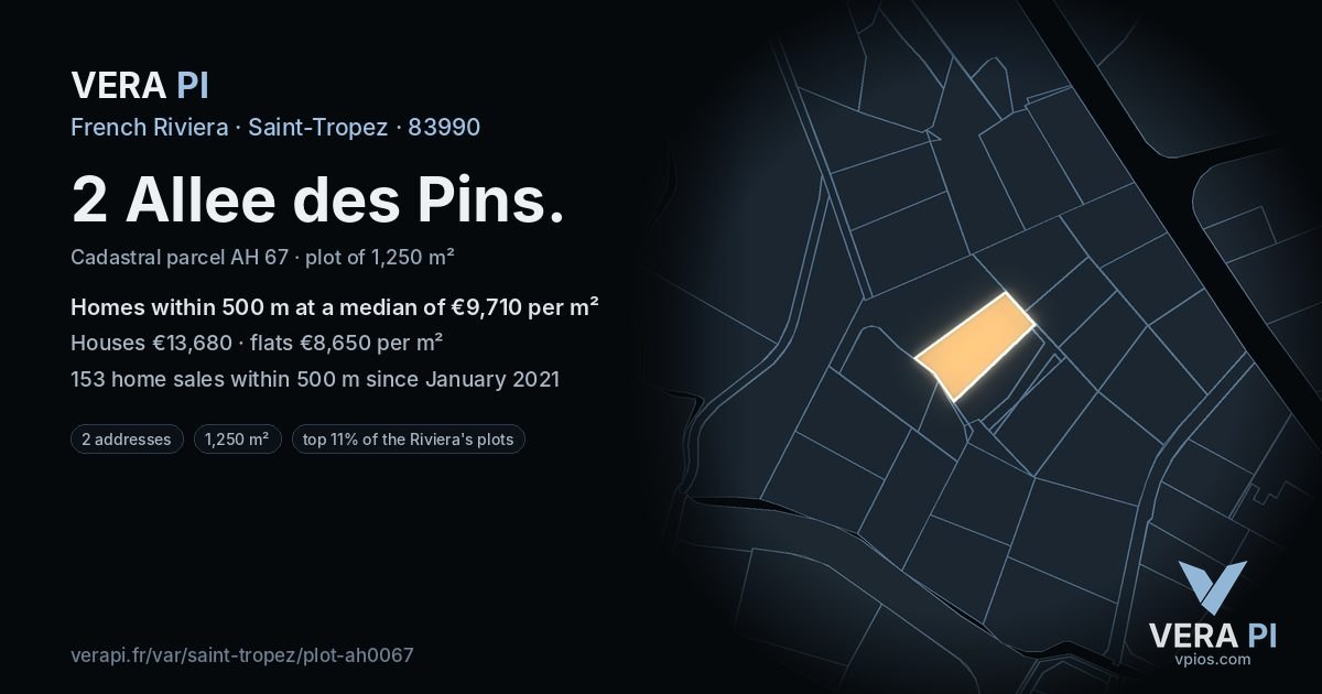 2 Allee des Pins, Saint-Tropez at night – the plot lit, the parcels around coloured by the prices near them