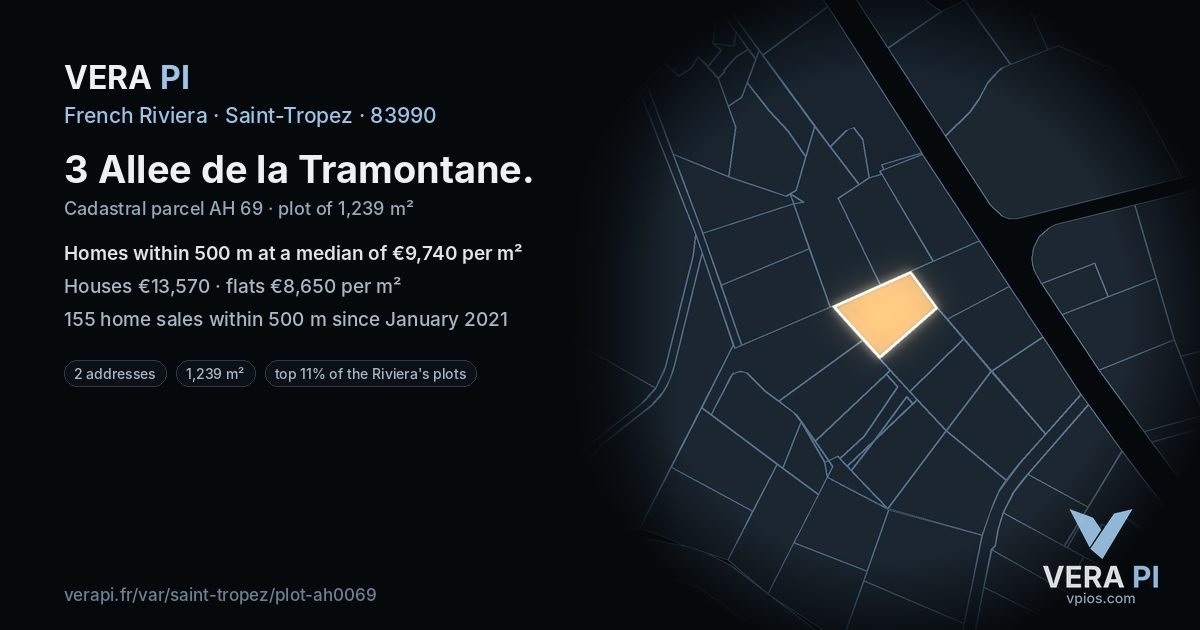 3 Allee de la Tramontane, Saint-Tropez at night – the plot lit, the parcels around coloured by the prices near them