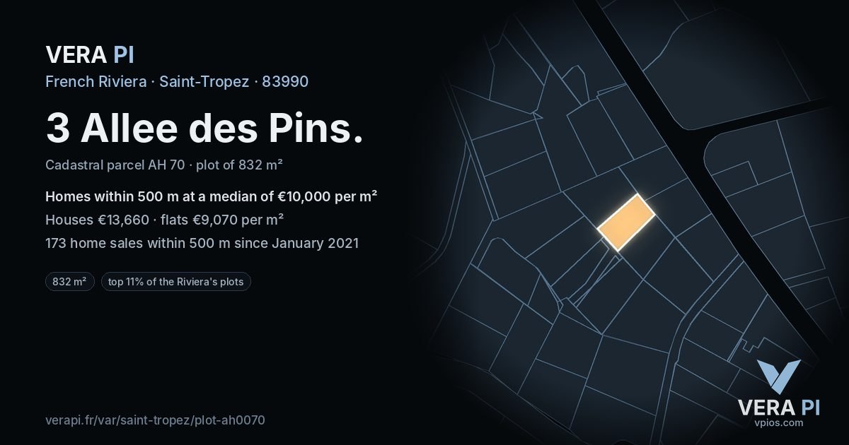 3 Allee des Pins, Saint-Tropez at night – the plot lit, the parcels around coloured by the prices near them
