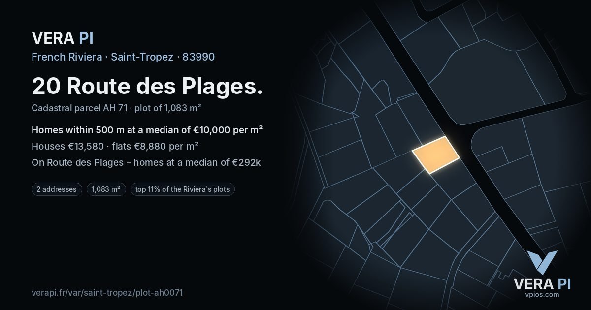 20 Route des Plages, Saint-Tropez at night – the plot lit, the parcels around coloured by the prices near them