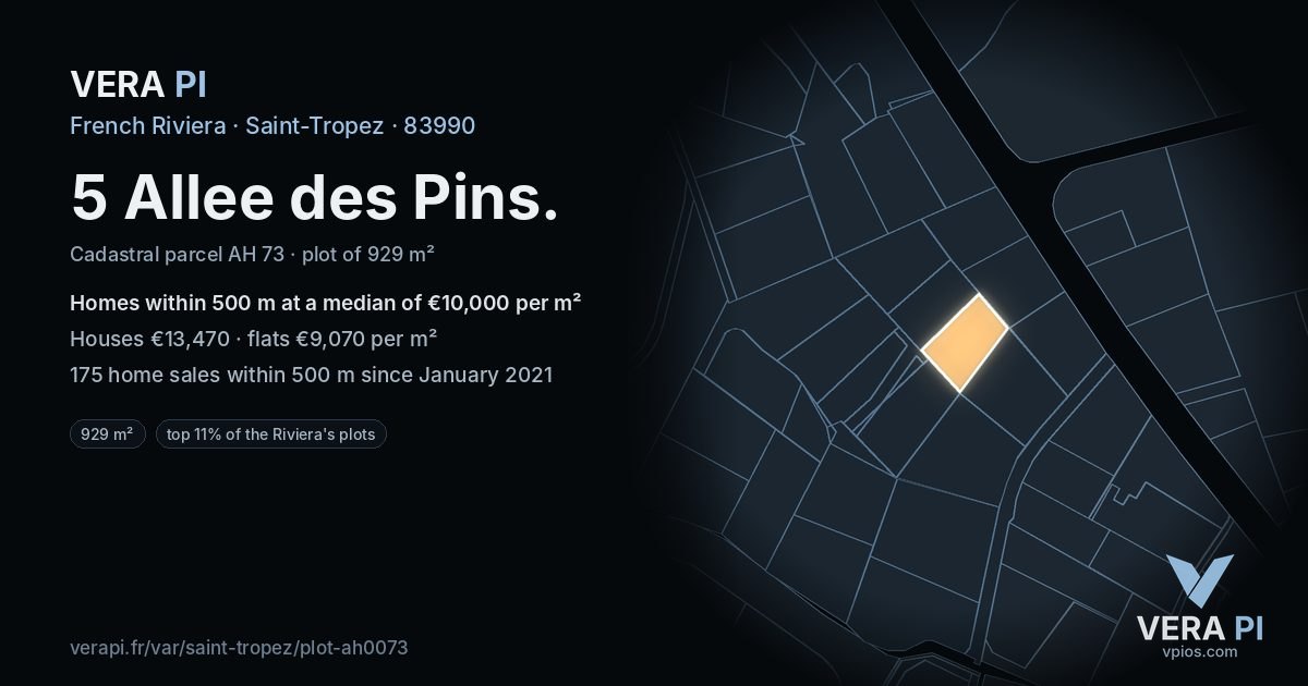 5 Allee des Pins, Saint-Tropez at night – the plot lit, the parcels around coloured by the prices near them