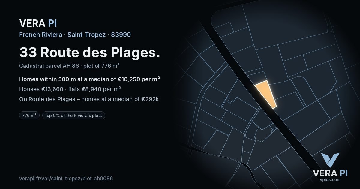 33 Route des Plages, Saint-Tropez at night – the plot lit, the parcels around coloured by the prices near them