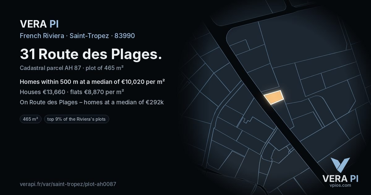 31 Route des Plages, Saint-Tropez at night – the plot lit, the parcels around coloured by the prices near them