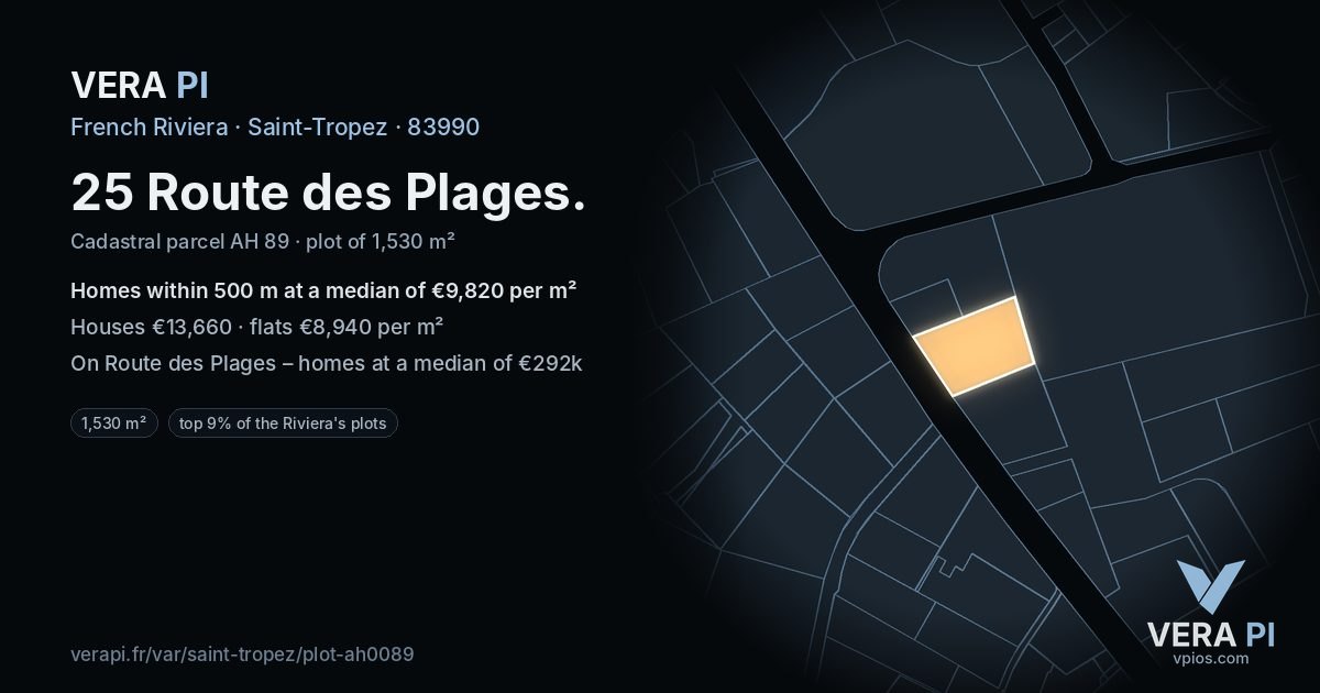 25 Route des Plages, Saint-Tropez at night – the plot lit, the parcels around coloured by the prices near them