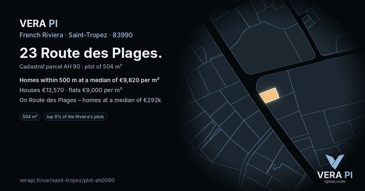 23 Route des Plages, Saint-Tropez at night – the plot lit, the parcels around coloured by the prices near them