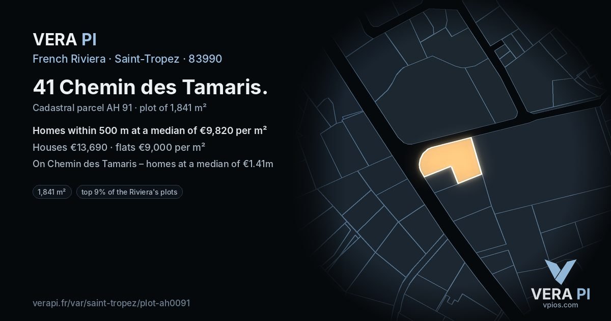 41 Chemin des Tamaris, Saint-Tropez at night – the plot lit, the parcels around coloured by the prices near them