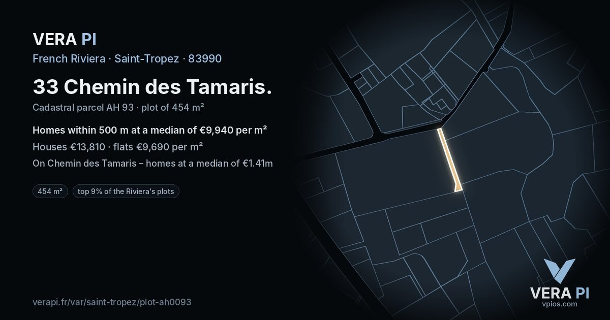 33 Chemin des Tamaris, Saint-Tropez at night – the plot lit, the parcels around coloured by the prices near them