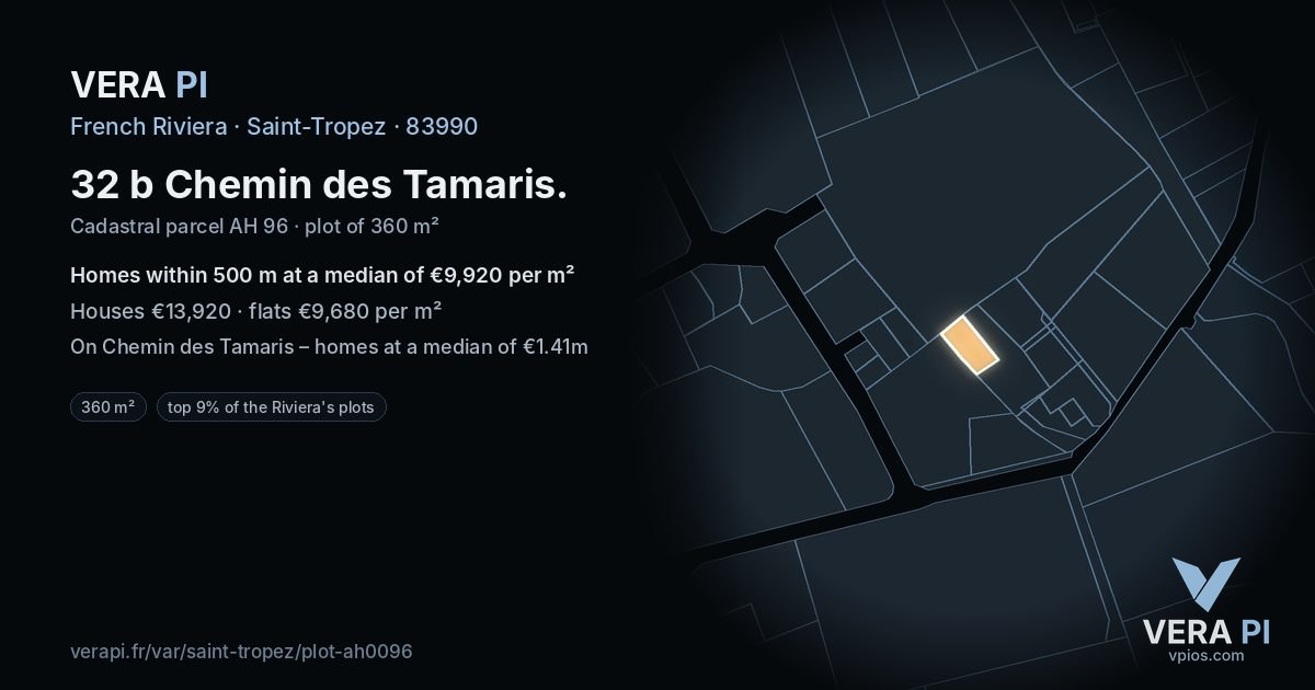 32 b Chemin des Tamaris, Saint-Tropez at night – the plot lit, the parcels around coloured by the prices near them