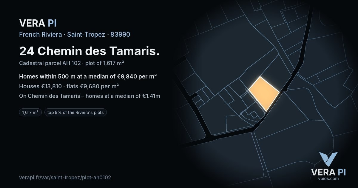 24 Chemin des Tamaris, Saint-Tropez at night – the plot lit, the parcels around coloured by the prices near them