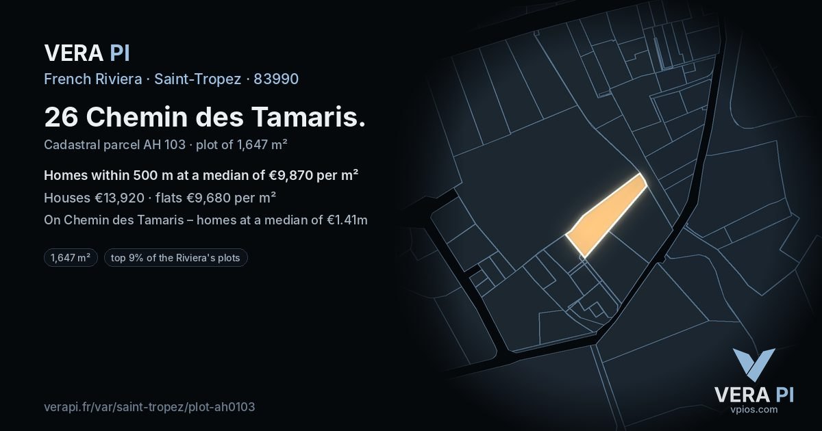 26 Chemin des Tamaris, Saint-Tropez at night – the plot lit, the parcels around coloured by the prices near them
