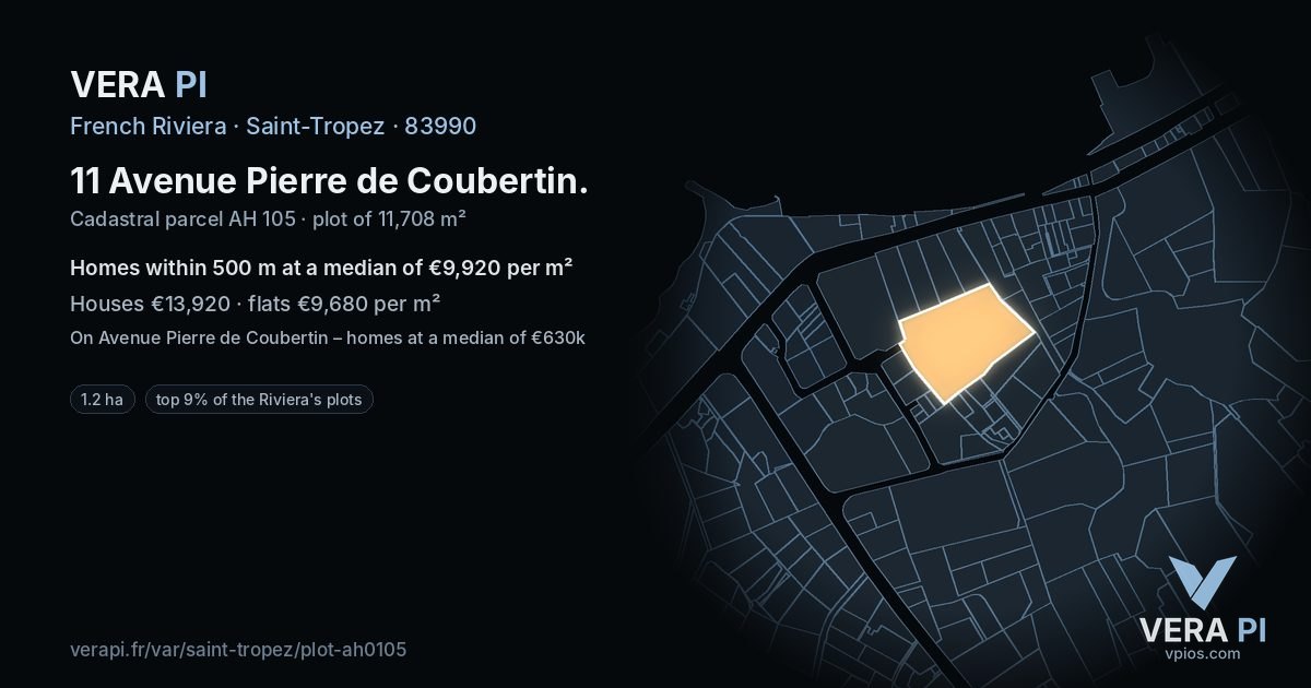 11 Avenue Pierre de Coubertin, Saint-Tropez at night – the plot lit, the parcels around coloured by the prices near them