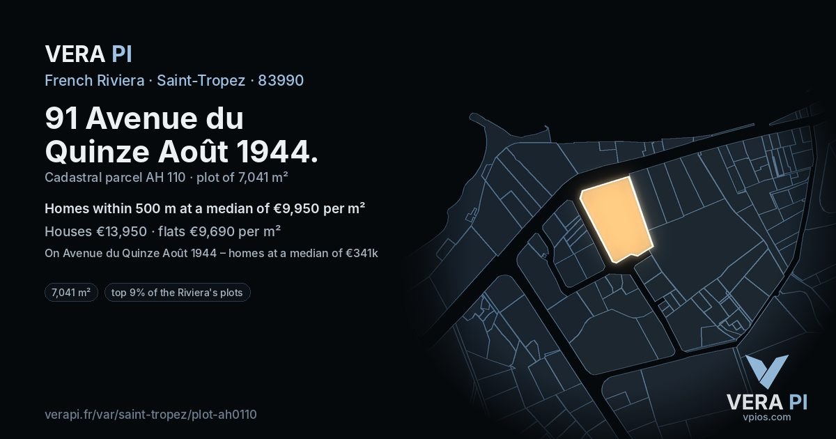 91 Avenue du Quinze Août 1944, Saint-Tropez at night – the plot lit, the parcels around coloured by the prices near them