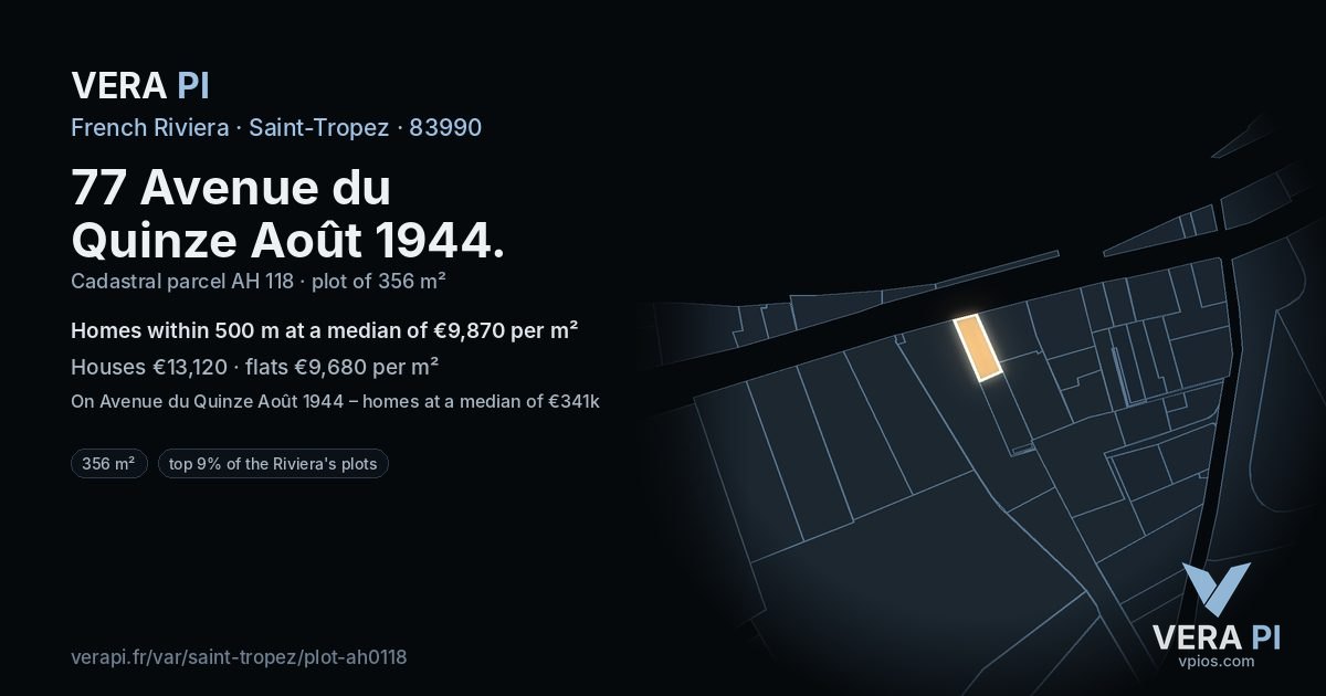 77 Avenue du Quinze Août 1944, Saint-Tropez at night – the plot lit, the parcels around coloured by the prices near them
