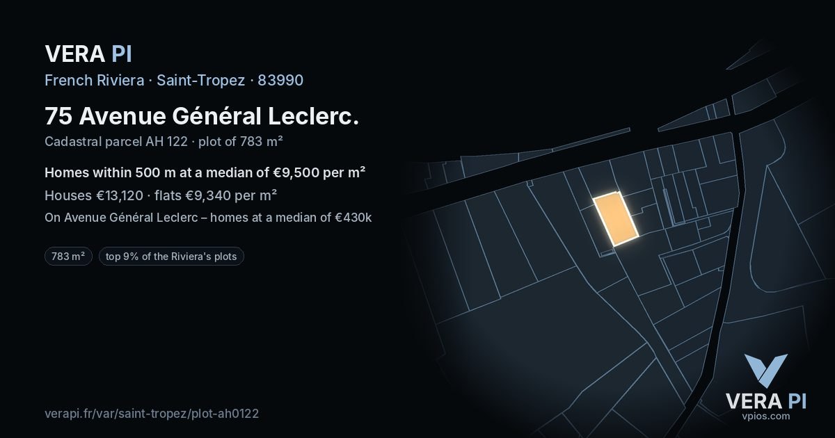 75 Avenue Général Leclerc, Saint-Tropez at night – the plot lit, the parcels around coloured by the prices near them