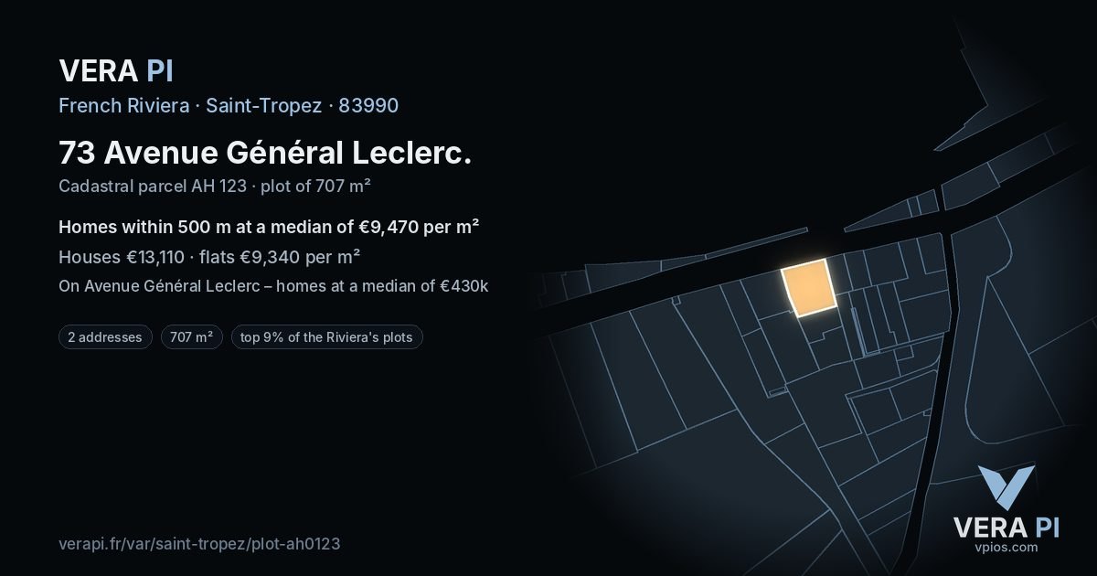 73 Avenue Général Leclerc, Saint-Tropez at night – the plot lit, the parcels around coloured by the prices near them